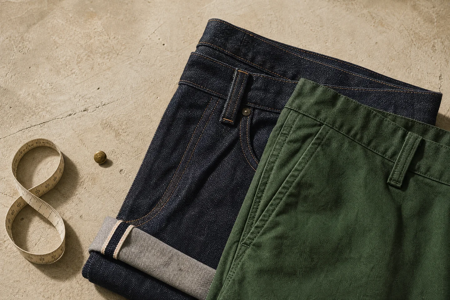 Detalle de tejidos denim, chino y cinta métrica