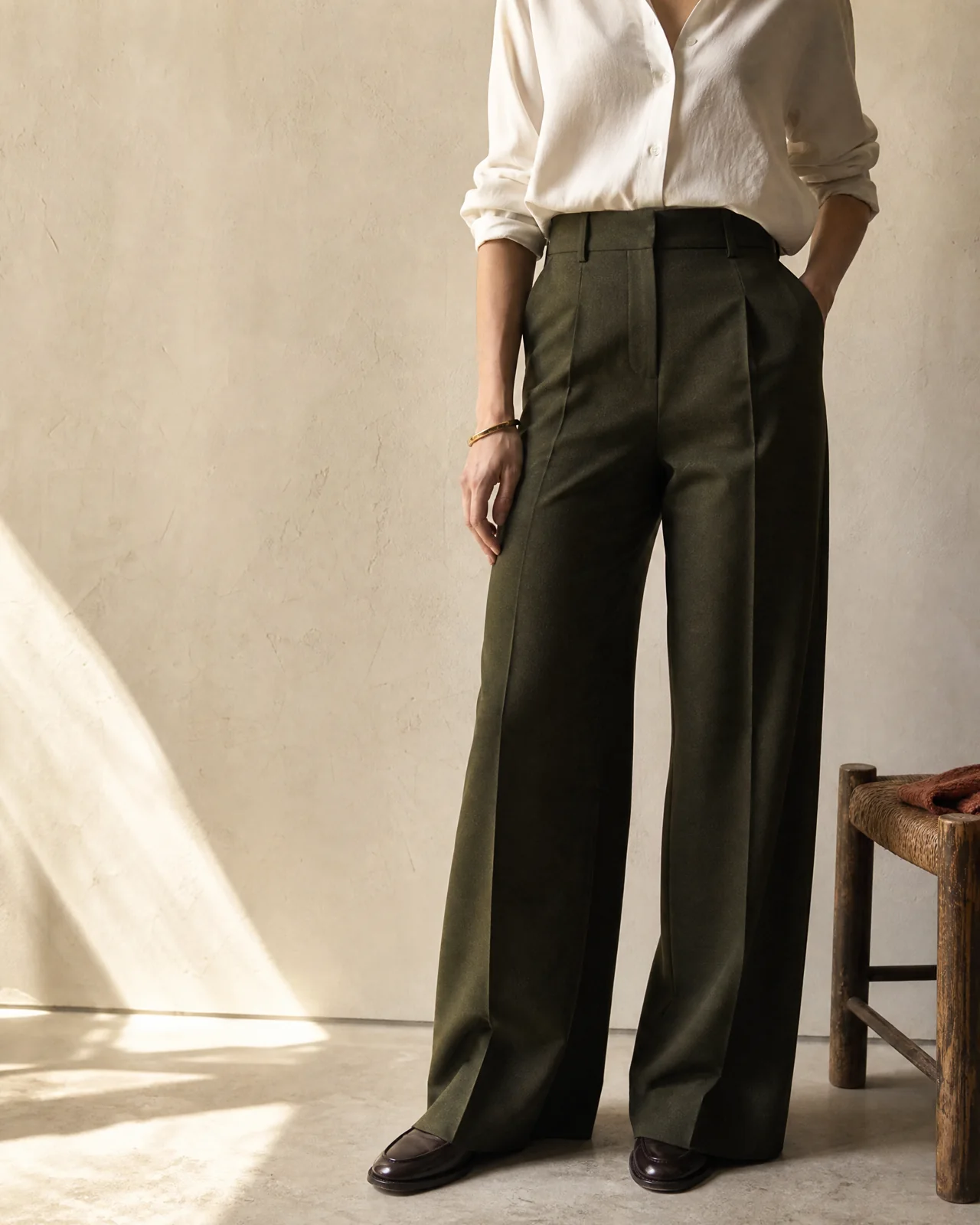 Pantalón ancho de lana verde oliva en una silueta editorial